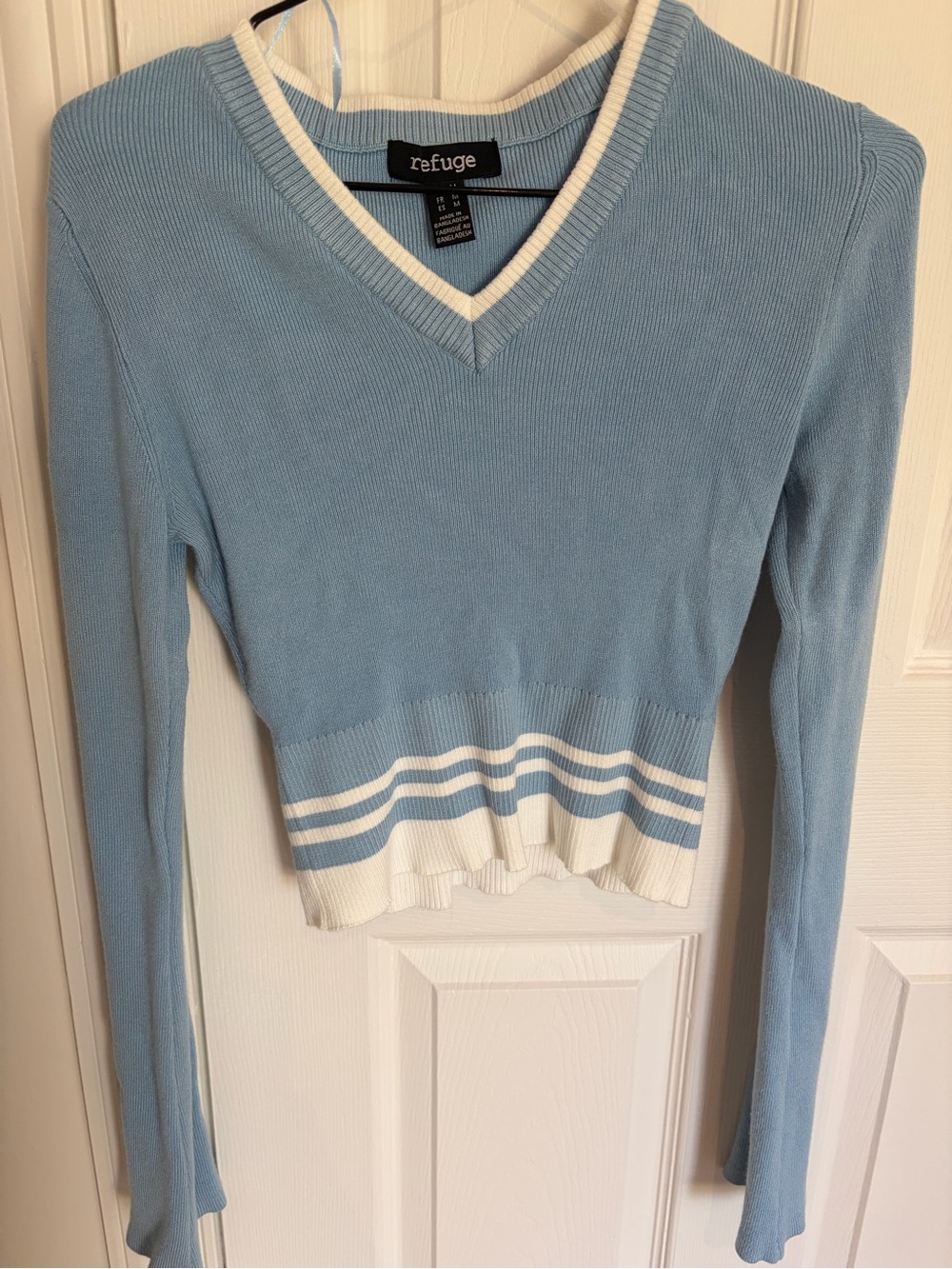 Urban Planet Light Blue V-Neck Cropped Sweater with White Trim
